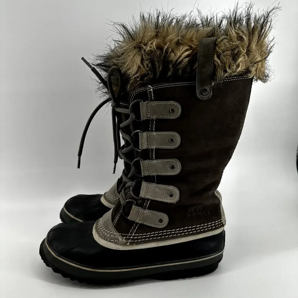 Sorel Joan of Arctic Boots Leather Winter Snow Lace Up Faux Fur Outdoor Gray 9